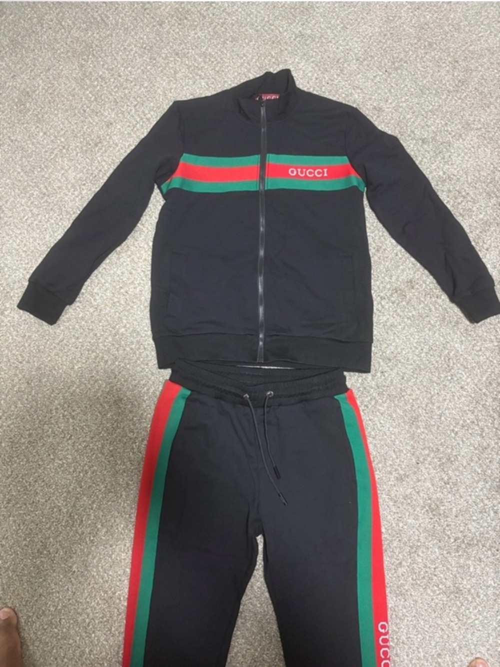 Gucci Black Jacket and Pants with Red and Green Trim